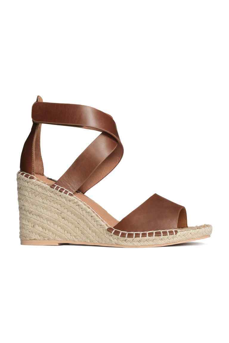 Leather Sandals - predominant colour: tan; occasions: casual, holiday; material: faux leather; heel height: high; ankle detail: ankle strap; heel: wedge; toe: open toe/peeptoe; style: strappy; finish: plain; pattern: plain; shoe detail: platform; season: s/s 2016; wardrobe: highlight