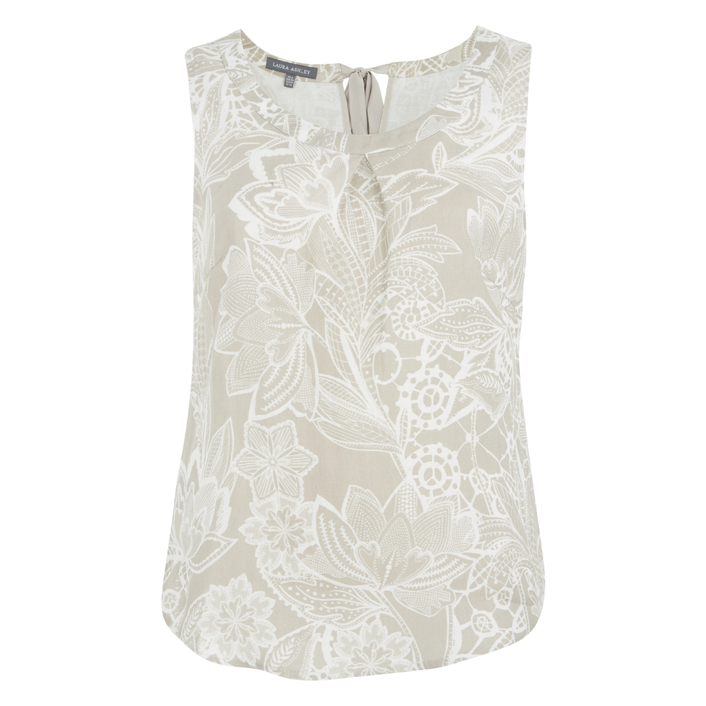 Tie Neck Floral Linen Shell Top - neckline: round neck; sleeve style: sleeveless; back detail: tie at back; secondary colour: ivory/cream; predominant colour: stone; occasions: casual, creative work; length: standard; style: top; fibres: linen - mix; fit: body skimming; sleeve length: sleeveless; pattern type: fabric; pattern size: standard; pattern: florals; texture group: woven light midweight; season: s/s 2016; wardrobe: highlight