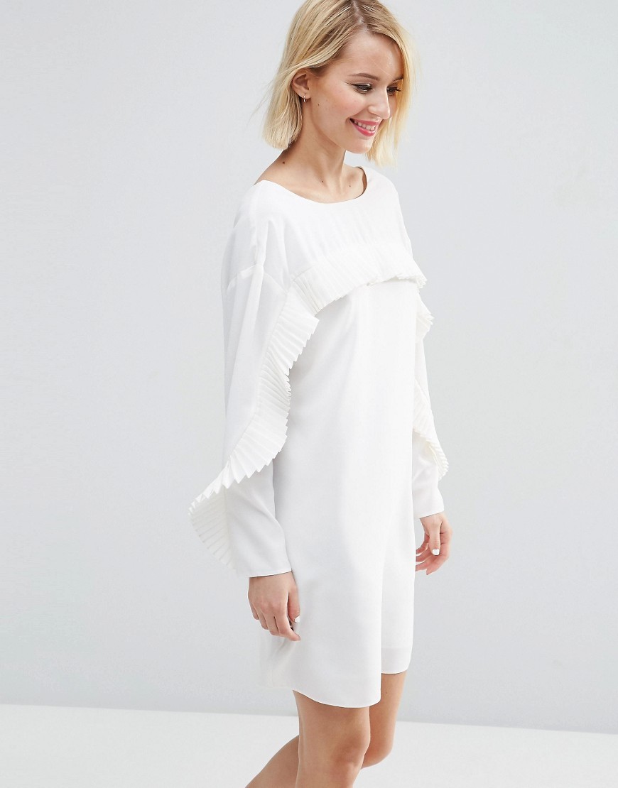Shift Dress With Pleat Ruffle Detail Ivory - style: shift; neckline: round neck; pattern: plain; predominant colour: ivory/cream; length: just above the knee; fit: body skimming; fibres: polyester/polyamide - 100%; shoulder detail: bulky shoulder detail; sleeve length: long sleeve; sleeve style: standard; bust detail: bulky details at bust; pattern type: fabric; texture group: other - light to midweight; occasions: creative work; season: s/s 2016; wardrobe: highlight