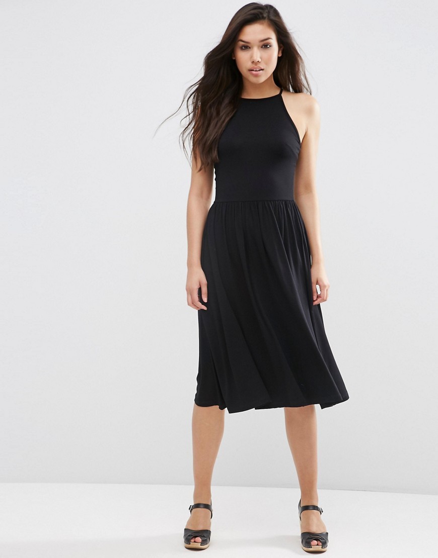 Empire Seam Midi Dress Black - length: below the knee; pattern: plain; sleeve style: sleeveless; predominant colour: black; occasions: casual, creative work; fit: fitted at waist & bust; style: fit & flare; fibres: viscose/rayon - stretch; neckline: crew; sleeve length: sleeveless; pattern type: fabric; texture group: jersey - stretchy/drapey; season: s/s 2016; wardrobe: basic