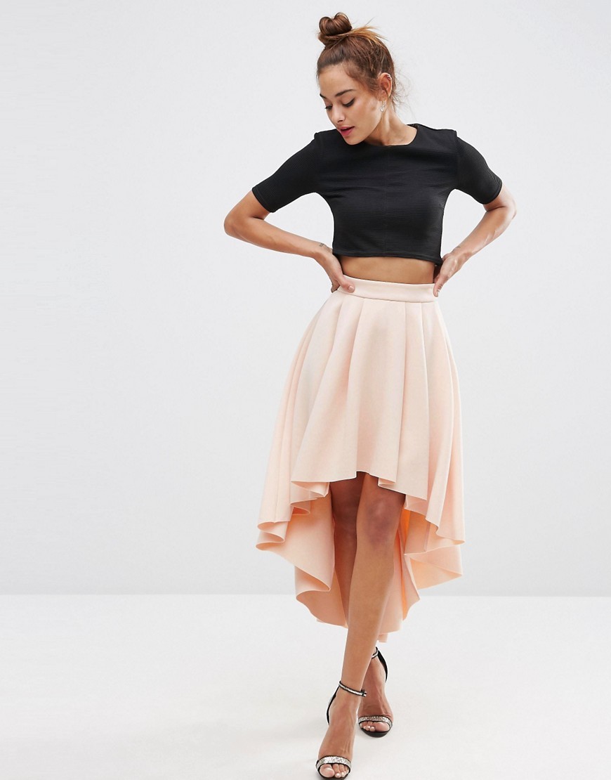 Premium Scuba High Low Prom Skirt Nude - pattern: plain; fit: loose/voluminous; waist: high rise; predominant colour: blush; length: just above the knee; style: asymmetric (hem); fibres: polyester/polyamide - 100%; occasions: occasion; pattern type: fabric; texture group: other - light to midweight; season: s/s 2016; wardrobe: event