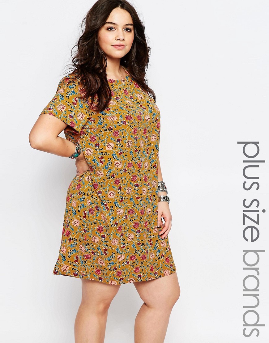 Retro Floral Shift Dress Multi - style: tunic; length: mid thigh; neckline: round neck; secondary colour: pink; predominant colour: mustard; occasions: casual, creative work; fit: straight cut; fibres: polyester/polyamide - 100%; sleeve length: short sleeve; sleeve style: standard; pattern type: fabric; pattern: patterned/print; texture group: woven light midweight; multicoloured: multicoloured; season: s/s 2016; wardrobe: highlight