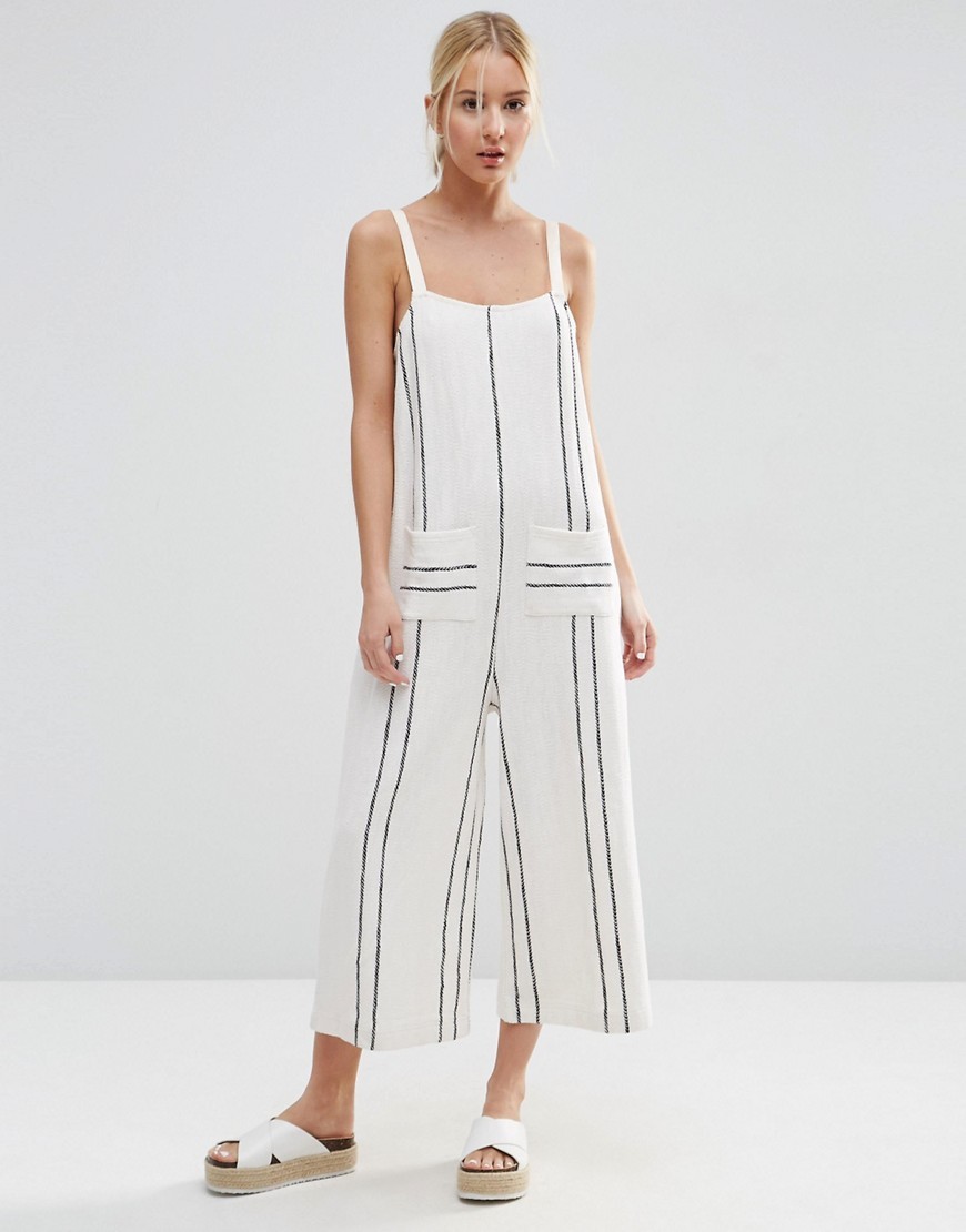 Jersey Dungaree In Stripe With Pockets Multi - sleeve style: standard vest straps/shoulder straps; fit: loose; pattern: striped; back detail: back revealing; predominant colour: white; secondary colour: black; occasions: casual, creative work; length: calf length; neckline: scoop; fibres: cotton - 100%; sleeve length: sleeveless; texture group: cotton feel fabrics; style: jumpsuit; pattern type: fabric; season: s/s 2016; wardrobe: highlight