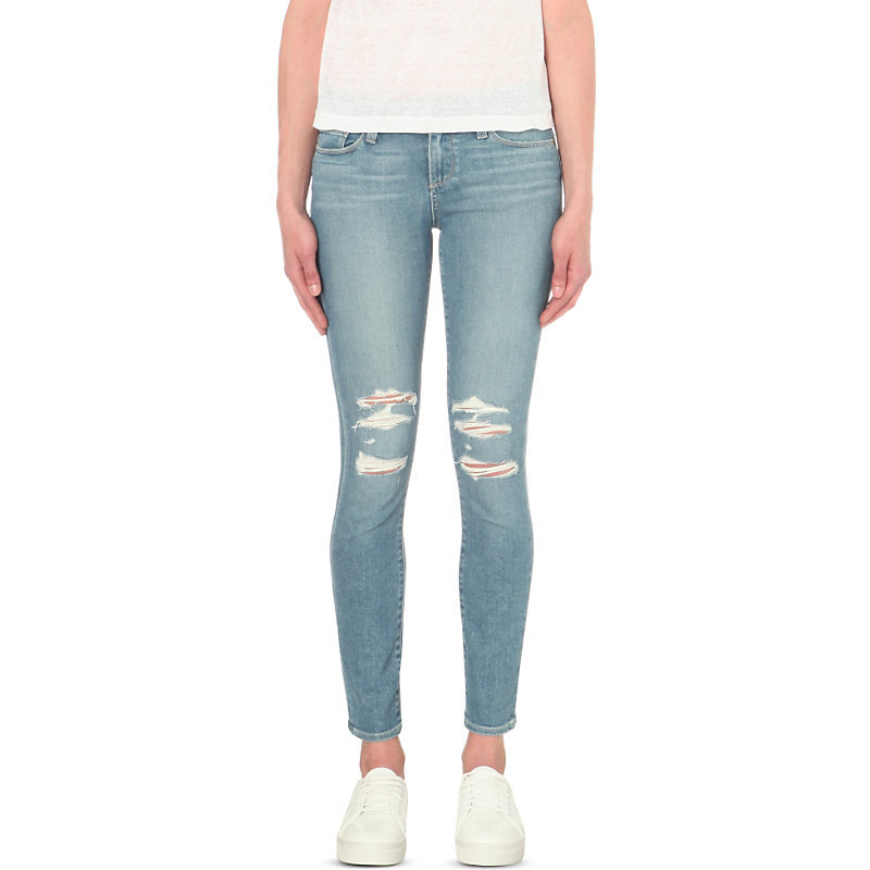 Skyline Ankle Peg Skinny Mid Rise Jeans, Women's, Liza Destructed - style: skinny leg; length: standard; pattern: plain; pocket detail: traditional 5 pocket; waist: mid/regular rise; predominant colour: denim; occasions: casual; fibres: cotton - stretch; jeans detail: shading down centre of thigh, washed/faded, rips; texture group: denim; pattern type: fabric; season: s/s 2016; wardrobe: basic