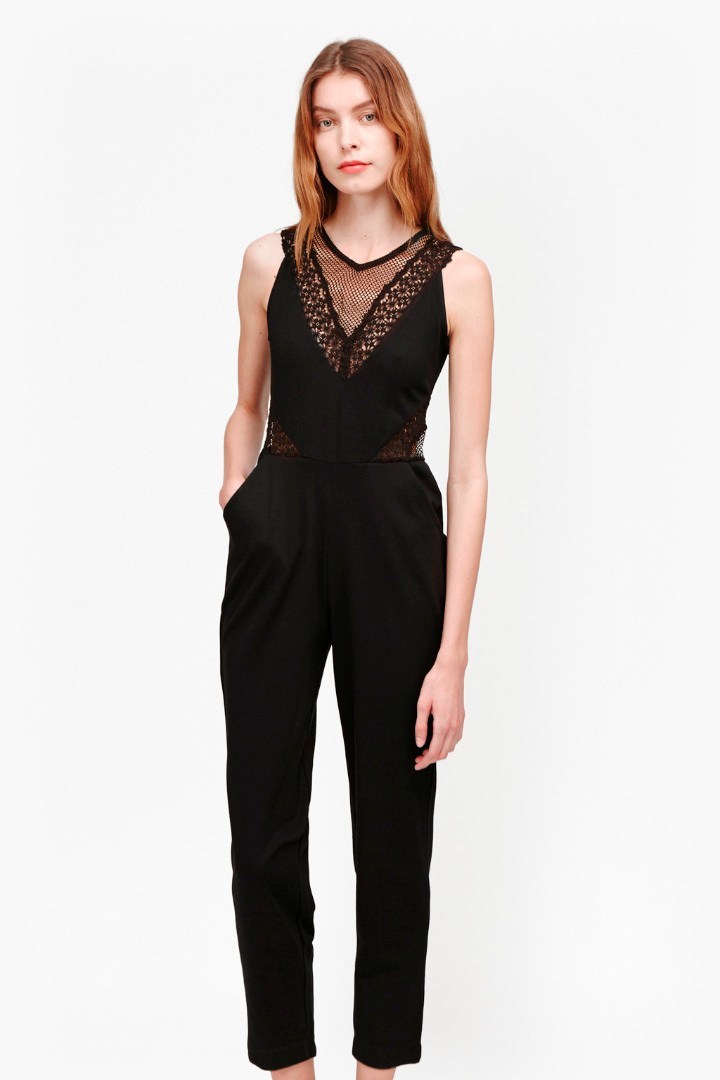 Savannah Mesh Jumpsuit Black - length: standard; pattern: plain; sleeve style: sleeveless; bust detail: sheer at bust; predominant colour: black; occasions: evening; fit: body skimming; fibres: viscose/rayon - stretch; neckline: crew; sleeve length: sleeveless; style: jumpsuit; pattern type: fabric; texture group: jersey - stretchy/drapey; season: s/s 2016; wardrobe: event