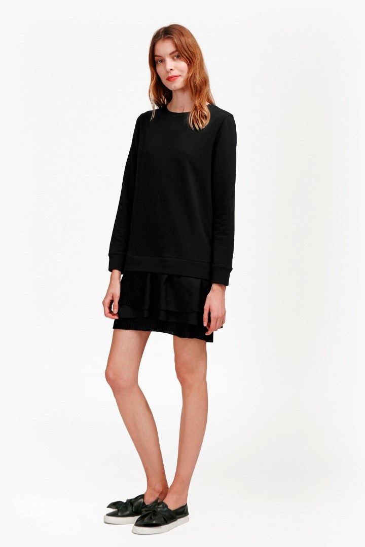 Tommy Pleated Georgette Sweatshirt Dress Grey Mel/Black - style: jumper dress; length: mid thigh; pattern: plain; predominant colour: black; occasions: casual; fit: body skimming; fibres: cotton - 100%; neckline: crew; hip detail: subtle/flattering hip detail; sleeve length: long sleeve; sleeve style: standard; pattern type: fabric; texture group: jersey - stretchy/drapey; season: s/s 2016; wardrobe: basic