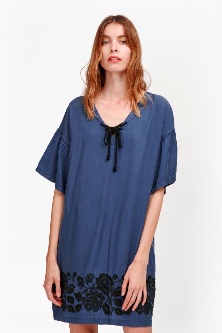Mai Stitch Floral Embroidered Tunic Dress Indigo - style: tunic; neckline: round neck; fit: loose; predominant colour: navy; secondary colour: black; occasions: casual; length: just above the knee; fibres: viscose/rayon - 100%; sleeve length: short sleeve; sleeve style: standard; pattern type: fabric; pattern: florals; texture group: other - light to midweight; embellishment: embroidered; multicoloured: multicoloured; season: s/s 2016; wardrobe: highlight; embellishment location: hem
