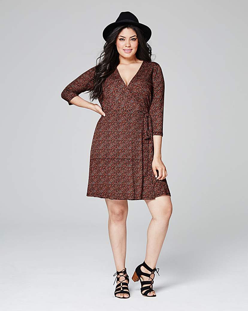 Ditsy Print Deep Plunge Wrap Dress - style: faux wrap/wrap; neckline: v-neck; predominant colour: chocolate brown; occasions: casual; length: just above the knee; fit: body skimming; fibres: polyester/polyamide - stretch; sleeve length: 3/4 length; sleeve style: standard; pattern type: fabric; pattern: patterned/print; texture group: jersey - stretchy/drapey; season: s/s 2016; wardrobe: highlight