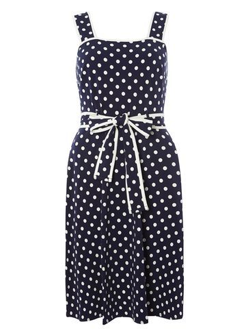Womens Navy Spot Tipped Sundress Blue - style: tea dress; sleeve style: sleeveless; pattern: polka dot; waist detail: belted waist/tie at waist/drawstring; secondary colour: white; predominant colour: navy; occasions: evening; length: just above the knee; fit: body skimming; fibres: cotton - stretch; sleeve length: sleeveless; neckline: low square neck; pattern type: fabric; pattern size: light/subtle; texture group: jersey - stretchy/drapey; season: s/s 2016; wardrobe: event