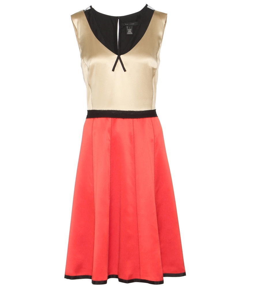 Silk Dress - neckline: v-neck; sleeve style: sleeveless; predominant colour: bright orange; secondary colour: coral; occasions: evening; length: on the knee; fit: fitted at waist & bust; style: fit & flare; fibres: silk - 100%; sleeve length: sleeveless; texture group: silky - light; pattern type: fabric; pattern: colourblock; season: s/s 2016; wardrobe: event