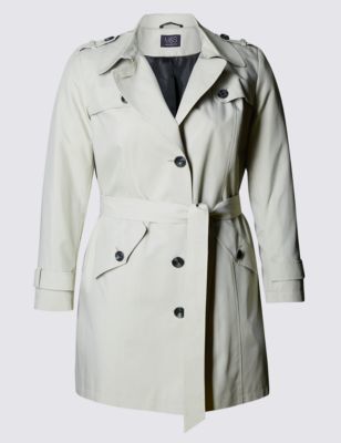 Plus Belted Trench Coat With Stormwear™ - pattern: plain; style: mac; length: mid thigh; predominant colour: light grey; occasions: casual, creative work; fit: tailored/fitted; fibres: polyester/polyamide - 100%; collar: shirt collar/peter pan/zip with opening; waist detail: belted waist/tie at waist/drawstring; sleeve length: long sleeve; sleeve style: standard; texture group: technical outdoor fabrics; collar break: high/illusion of break when open; pattern type: fabric; season: s/s 2016; wardrobe: basic