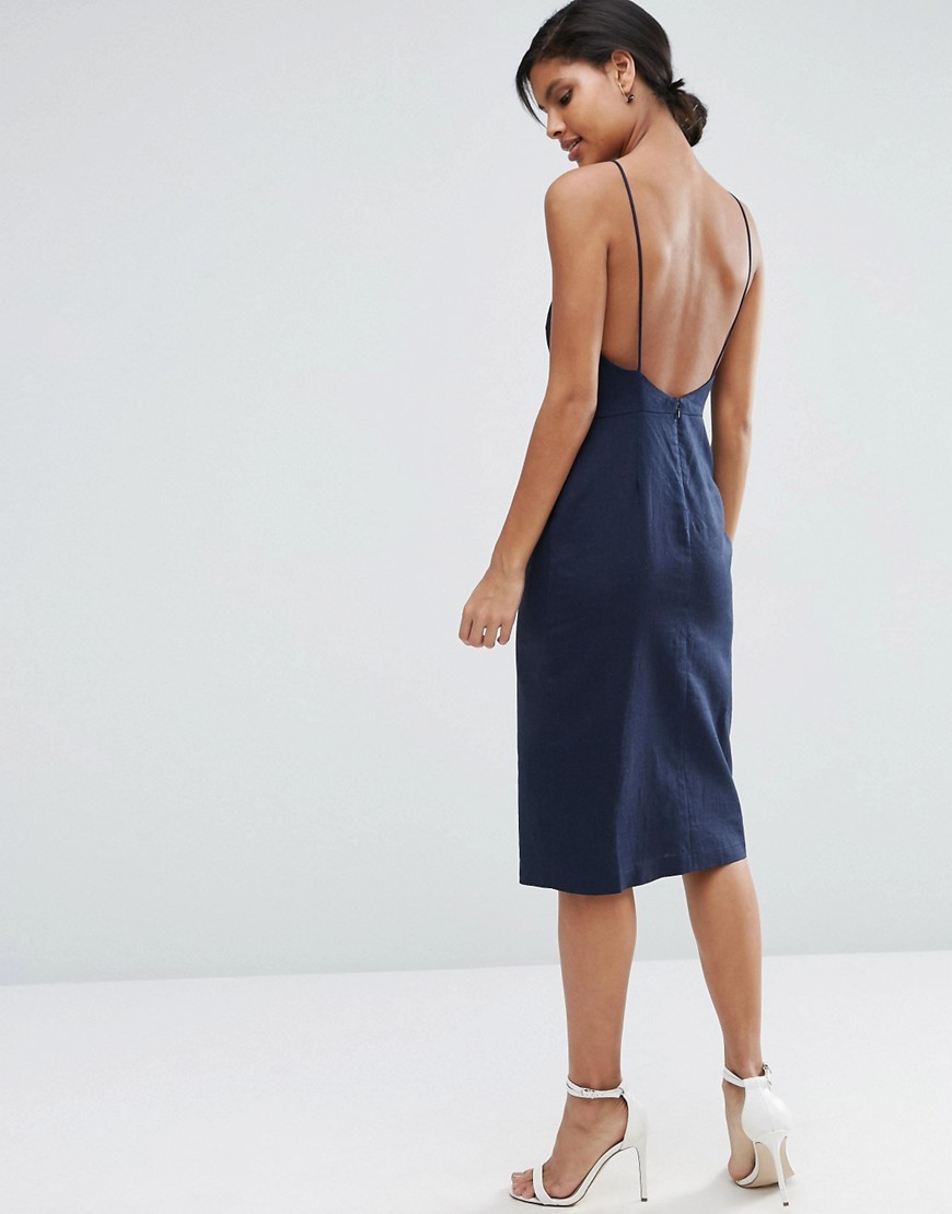 Scoop Back Midi Sundress Navy - length: below the knee; sleeve style: spaghetti straps; pattern: plain; style: sundress; predominant colour: navy; occasions: evening; fit: body skimming; neckline: scoop; fibres: linen - mix; sleeve length: sleeveless; texture group: denim; pattern type: fabric; season: s/s 2016; wardrobe: event