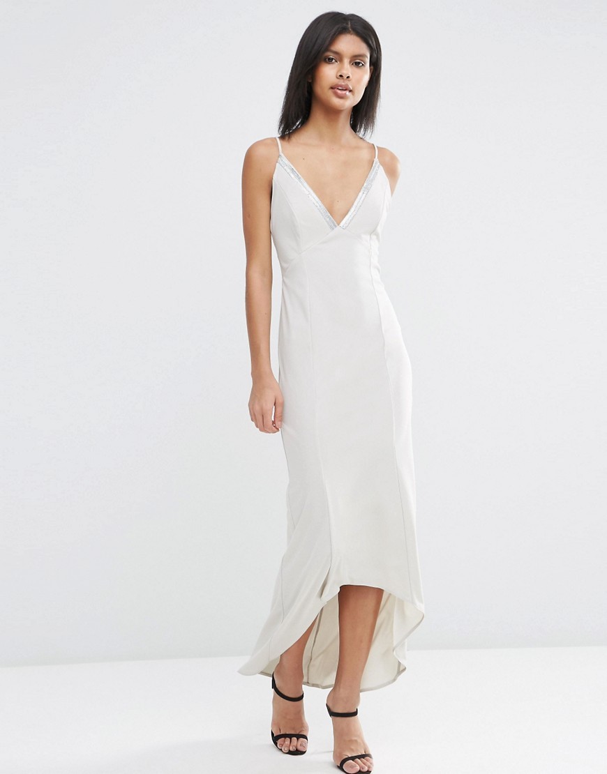 Cami Strap Embellished Trim Maxi Dress Silver - neckline: v-neck; sleeve style: spaghetti straps; pattern: plain; length: ankle length; predominant colour: silver; occasions: evening, occasion; fit: body skimming; style: slip dress; fibres: polyester/polyamide - 100%; sleeve length: sleeveless; texture group: silky - light; pattern type: fabric; embellishment: beading; season: s/s 2016; trends: silky slips; wardrobe: event