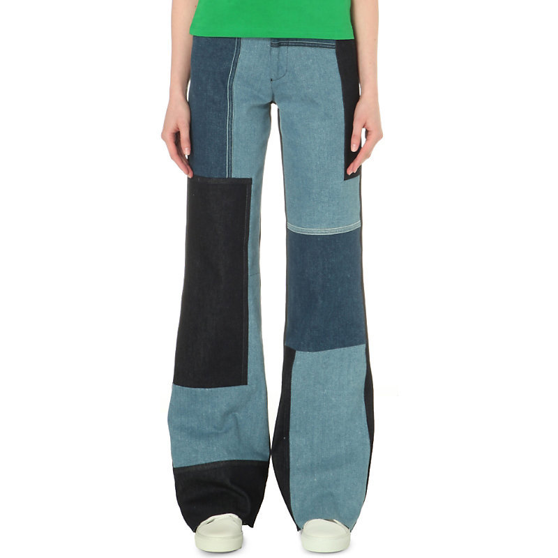 Wide Leg Flared High Rise Jeans, Women's, Blue Patch - style: flares; length: standard; pattern: plain; waist: high rise; pocket detail: traditional 5 pocket; predominant colour: navy; secondary colour: denim; occasions: casual; fibres: cotton - 100%; jeans detail: washed/faded; texture group: denim; pattern type: fabric; season: s/s 2016; wardrobe: basic