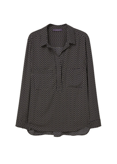 Printed Flowy Shirt - neckline: shirt collar/peter pan/zip with opening; style: shirt; pattern: polka dot; secondary colour: white; predominant colour: black; occasions: casual; length: standard; fibres: polyester/polyamide - 100%; fit: body skimming; sleeve length: long sleeve; sleeve style: standard; pattern type: fabric; texture group: other - light to midweight; multicoloured: multicoloured; season: s/s 2016; wardrobe: highlight