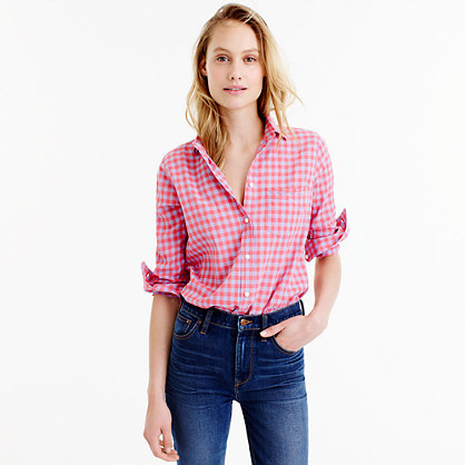 Boy Shirt In Two Tone Crinkle Gingham - neckline: shirt collar/peter pan/zip with opening; pattern: checked/gingham; style: shirt; secondary colour: white; predominant colour: pink; occasions: casual; length: standard; fibres: cotton - stretch; fit: body skimming; sleeve length: long sleeve; sleeve style: standard; texture group: cotton feel fabrics; pattern type: fabric; multicoloured: multicoloured; season: s/s 2016; wardrobe: highlight