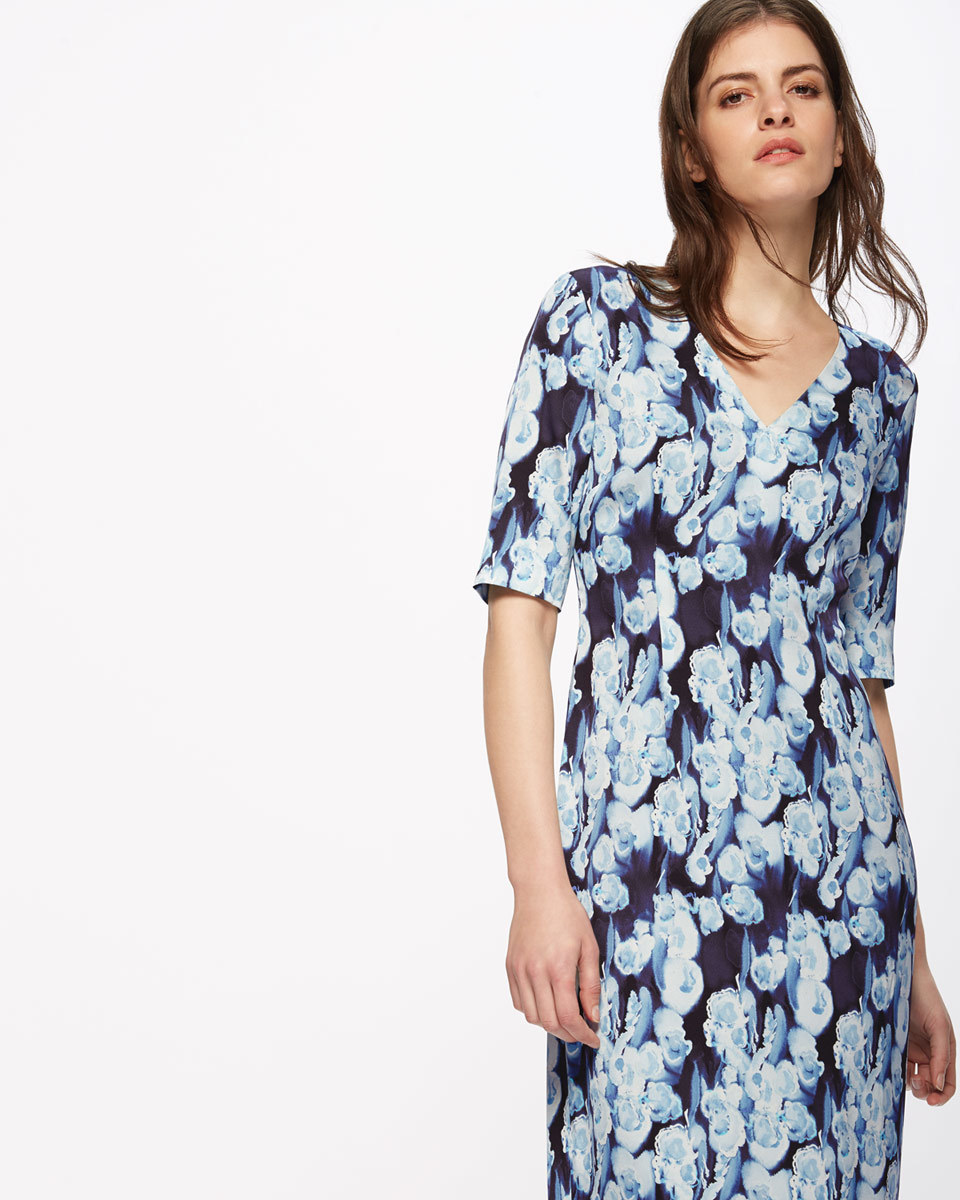 Georgia Flower Silk Dress - style: shift; neckline: v-neck; secondary colour: white; predominant colour: navy; occasions: evening; length: on the knee; fit: body skimming; fibres: silk - 100%; sleeve length: short sleeve; sleeve style: standard; pattern type: fabric; pattern: patterned/print; texture group: other - light to midweight; multicoloured: multicoloured; season: s/s 2016; wardrobe: event