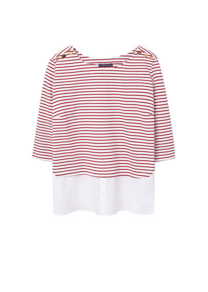 Mixed Cotton Sweatshirt - neckline: round neck; pattern: horizontal stripes; predominant colour: white; secondary colour: true red; occasions: casual; length: standard; style: top; fibres: cotton - 100%; fit: body skimming; sleeve length: 3/4 length; sleeve style: standard; pattern type: fabric; pattern size: standard; texture group: jersey - stretchy/drapey; multicoloured: multicoloured; season: s/s 2016; wardrobe: highlight
