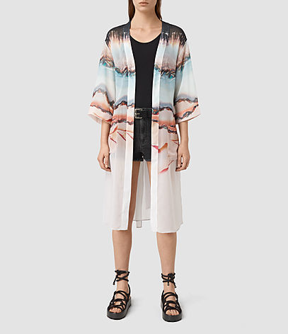 Crystal Kimono - neckline: collarless open; style: open front; length: on the knee; predominant colour: blush; occasions: casual, holiday; fibres: polyester/polyamide - 100%; fit: loose; sleeve length: 3/4 length; sleeve style: standard; texture group: sheer fabrics/chiffon/organza etc.; pattern type: fabric; pattern: florals; multicoloured: multicoloured; season: s/s 2016; wardrobe: highlight