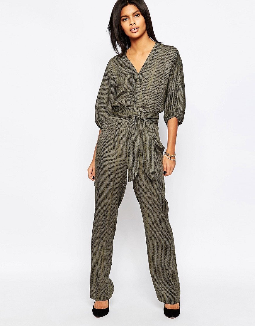 Donny Wrap Front Belted Jumpsuit 706washed Army - length: standard; neckline: v-neck; pattern: plain; waist detail: belted waist/tie at waist/drawstring; predominant colour: khaki; occasions: casual; fit: body skimming; sleeve length: 3/4 length; sleeve style: standard; style: jumpsuit; pattern type: fabric; texture group: other - light to midweight; fibres: viscose/rayon - mix; season: s/s 2016; wardrobe: highlight