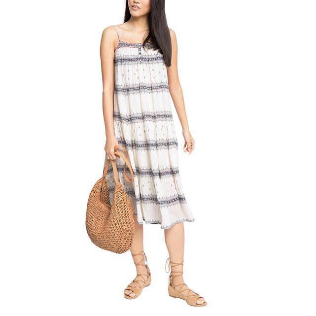 Shoestring Strap Dress - length: calf length; sleeve style: spaghetti straps; fit: loose; pattern: horizontal stripes; style: sundress; predominant colour: white; secondary colour: mid grey; occasions: casual; fibres: viscose/rayon - 100%; sleeve length: sleeveless; neckline: medium square neck; pattern type: fabric; texture group: jersey - stretchy/drapey; multicoloured: multicoloured; season: s/s 2016; wardrobe: basic