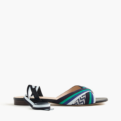 Knotted Sandals With Ribbon Ankle Wrap - predominant colour: black; occasions: casual, holiday; material: leather; heel height: flat; ankle detail: ankle tie; heel: block; toe: open toe/peeptoe; style: strappy; finish: plain; pattern: striped; multicoloured: multicoloured; season: s/s 2016; wardrobe: highlight