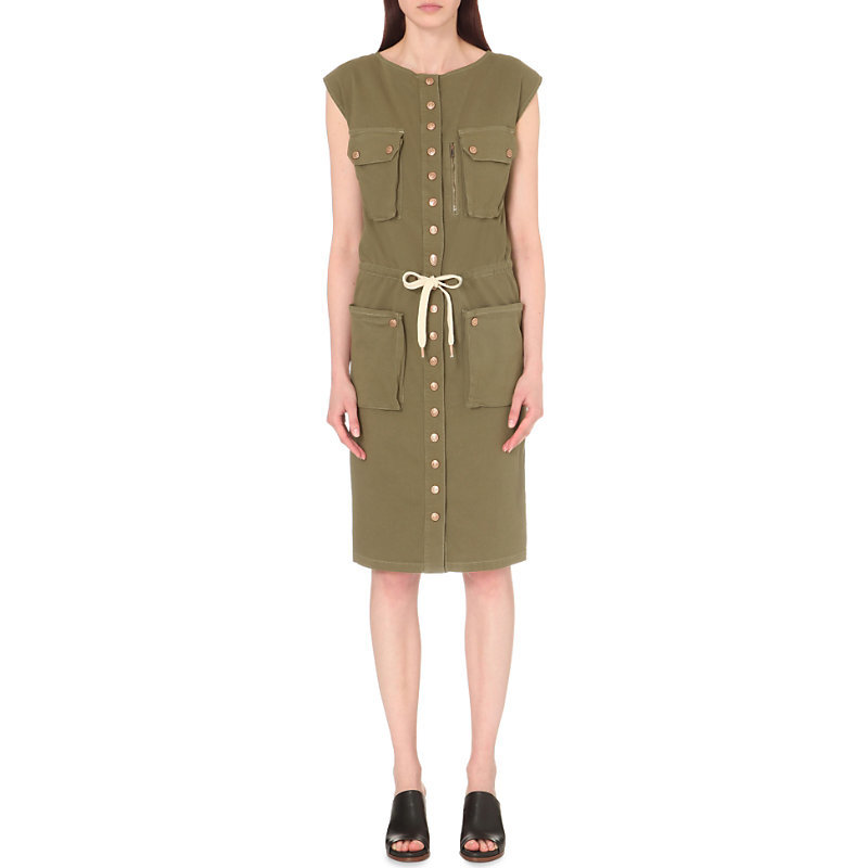 Button Up Stretch Cotton Dress, Women's, Kaki - style: shift; length: below the knee; sleeve style: capped; fit: tailored/fitted; pattern: plain; waist detail: belted waist/tie at waist/drawstring; predominant colour: khaki; occasions: casual, creative work; fibres: cotton - 100%; neckline: crew; hip detail: subtle/flattering hip detail; sleeve length: short sleeve; texture group: cotton feel fabrics; bust detail: bulky details at bust; pattern type: fabric; season: s/s 2016; wardrobe: basic