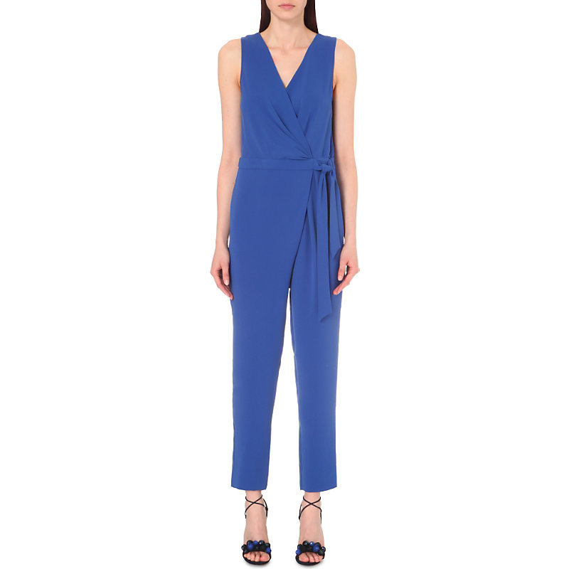 Cordia Crepe Jumpsuit, Women's, Blue Riviera - length: standard; sleeve style: wide vest straps; neckline: v-neck; pattern: plain; waist detail: belted waist/tie at waist/drawstring; predominant colour: navy; occasions: evening; fit: body skimming; sleeve length: sleeveless; texture group: crepes; style: jumpsuit; pattern type: fabric; fibres: viscose/rayon - mix; season: s/s 2016; wardrobe: event