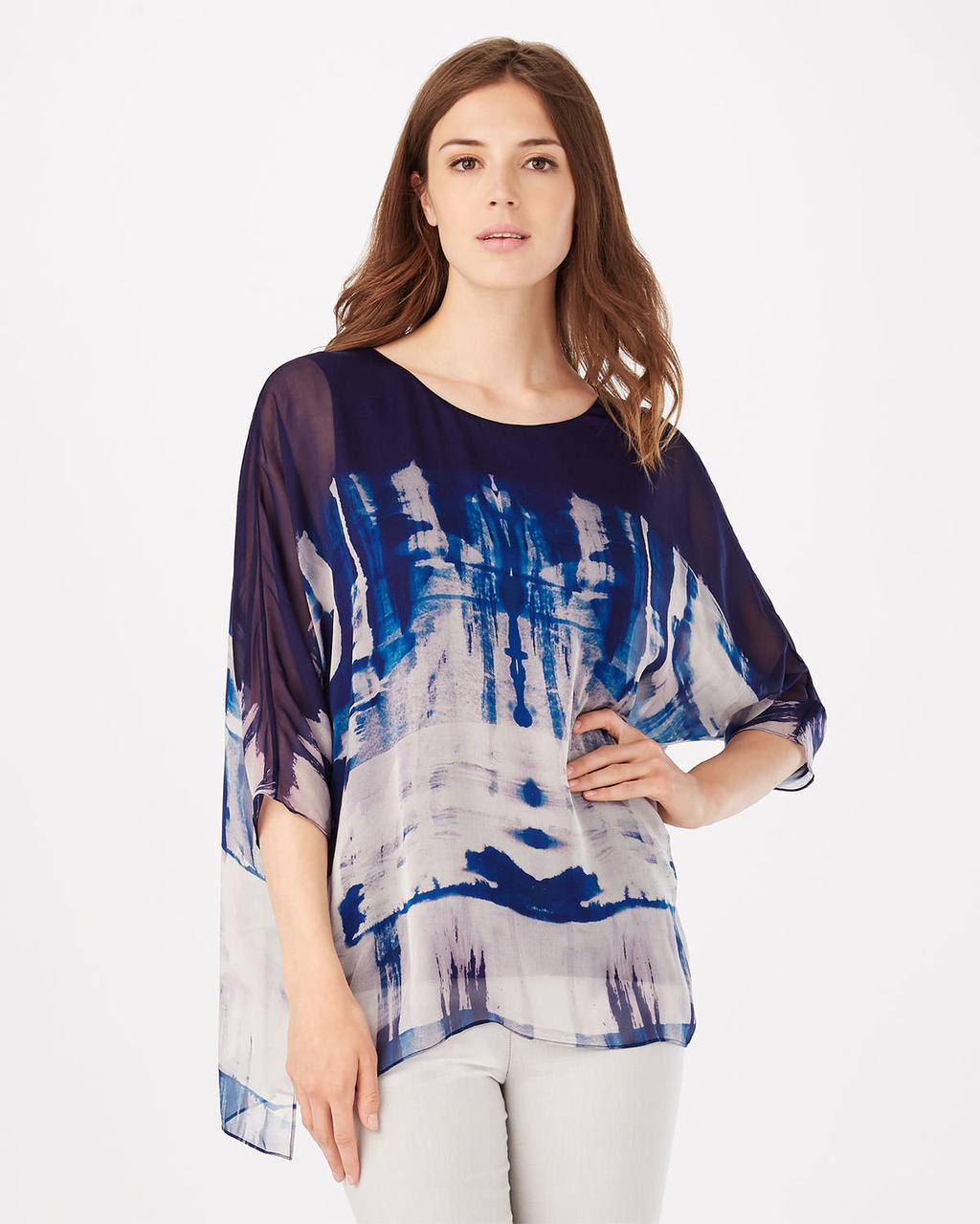 Martyna Silk Top - neckline: round neck; sleeve style: dolman/batwing; predominant colour: navy; occasions: casual, evening, creative work; length: standard; style: top; fibres: silk - mix; fit: loose; back detail: longer hem at back than at front; sleeve length: half sleeve; texture group: silky - light; pattern type: fabric; pattern size: standard; pattern: patterned/print; season: s/s 2016; wardrobe: highlight