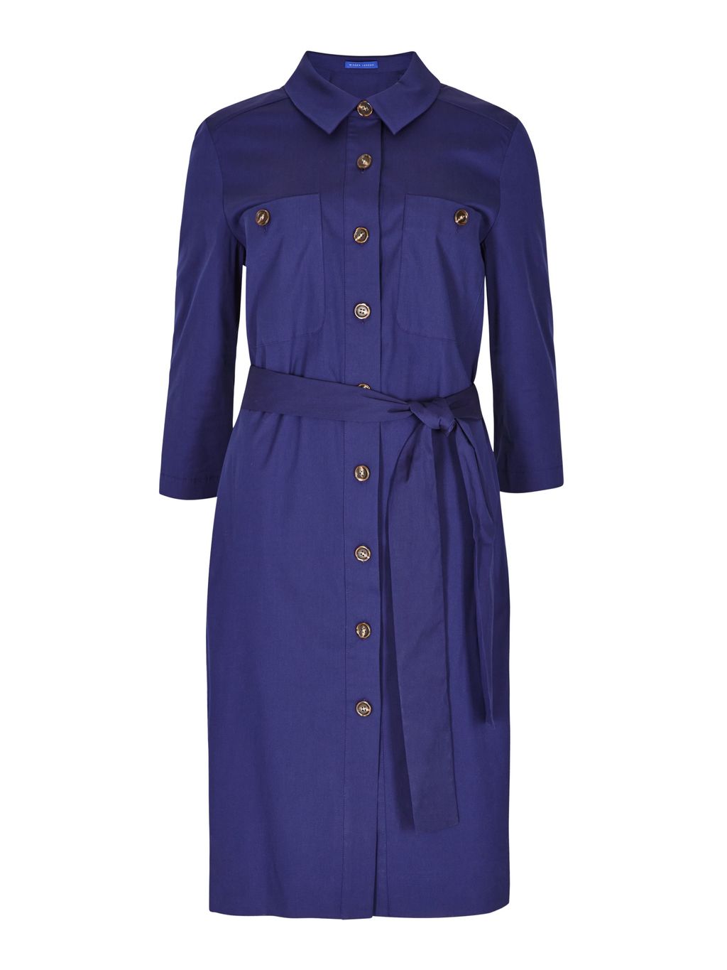 Cotton Poplin Shirt Dress, Navy - style: shirt; neckline: shirt collar/peter pan/zip with opening; pattern: plain; waist detail: belted waist/tie at waist/drawstring; predominant colour: navy; occasions: casual; length: on the knee; fit: body skimming; fibres: cotton - 100%; sleeve length: 3/4 length; sleeve style: standard; texture group: cotton feel fabrics; pattern type: fabric; season: s/s 2016; wardrobe: basic