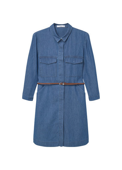 Denim Shirt Dress - style: shirt; length: mid thigh; neckline: shirt collar/peter pan/zip with opening; pattern: plain; waist detail: belted waist/tie at waist/drawstring; predominant colour: denim; occasions: casual, creative work; fit: straight cut; fibres: cotton - 100%; sleeve length: long sleeve; sleeve style: standard; texture group: denim; pattern type: fabric; season: s/s 2016; wardrobe: basic