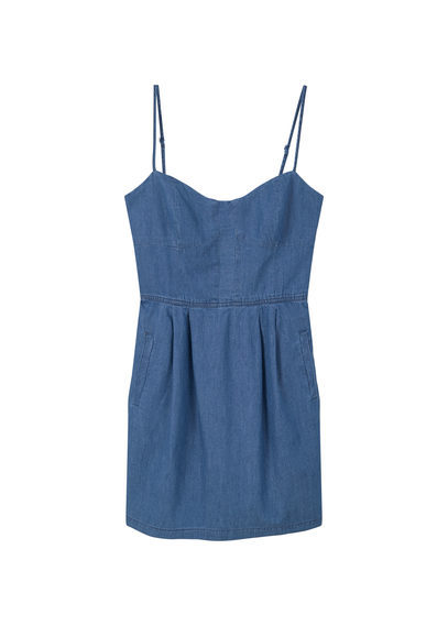 Medium Denim Dress - length: mid thigh; sleeve style: spaghetti straps; pattern: plain; style: sundress; neckline: sweetheart; back detail: back revealing; predominant colour: denim; occasions: casual; fit: fitted at waist & bust; fibres: cotton - 100%; sleeve length: sleeveless; texture group: denim; pattern type: fabric; pattern size: standard; season: s/s 2016; wardrobe: basic