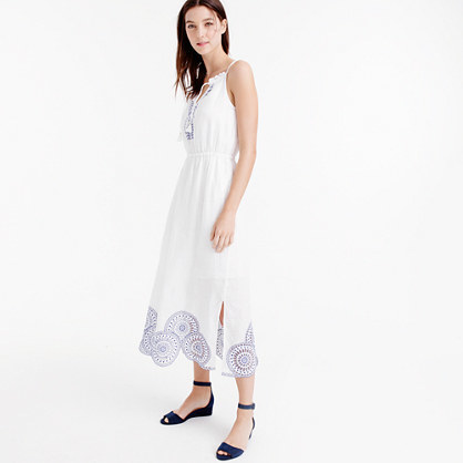 Linen Dress With Eyelet Detail - length: calf length; neckline: round neck; fit: fitted at waist; sleeve style: sleeveless; style: sundress; predominant colour: white; secondary colour: navy; occasions: casual, evening; fibres: linen - mix; sleeve length: sleeveless; pattern type: fabric; pattern: patterned/print; texture group: other - light to midweight; season: s/s 2016; wardrobe: highlight
