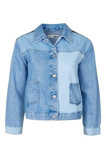 Moto Colour Block Patchwork Jacket - pattern: plain; style: denim; hip detail: draws attention to hips; predominant colour: denim; occasions: casual; length: standard; fit: tailored/fitted; fibres: cotton - 100%; collar: shirt collar/peter pan/zip with opening; sleeve length: long sleeve; sleeve style: standard; texture group: denim; collar break: high/illusion of break when open; pattern type: fabric; trends: rebel girl, tomboy girl; season: s/s 2016; wardrobe: basic