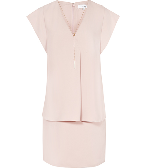 Tarquin Chain Detail Dress - style: shift; neckline: v-neck; fit: tailored/fitted; pattern: plain; predominant colour: blush; occasions: evening; length: just above the knee; fibres: polyester/polyamide - 100%; sleeve length: short sleeve; sleeve style: standard; pattern type: fabric; texture group: other - light to midweight; season: s/s 2016; wardrobe: event