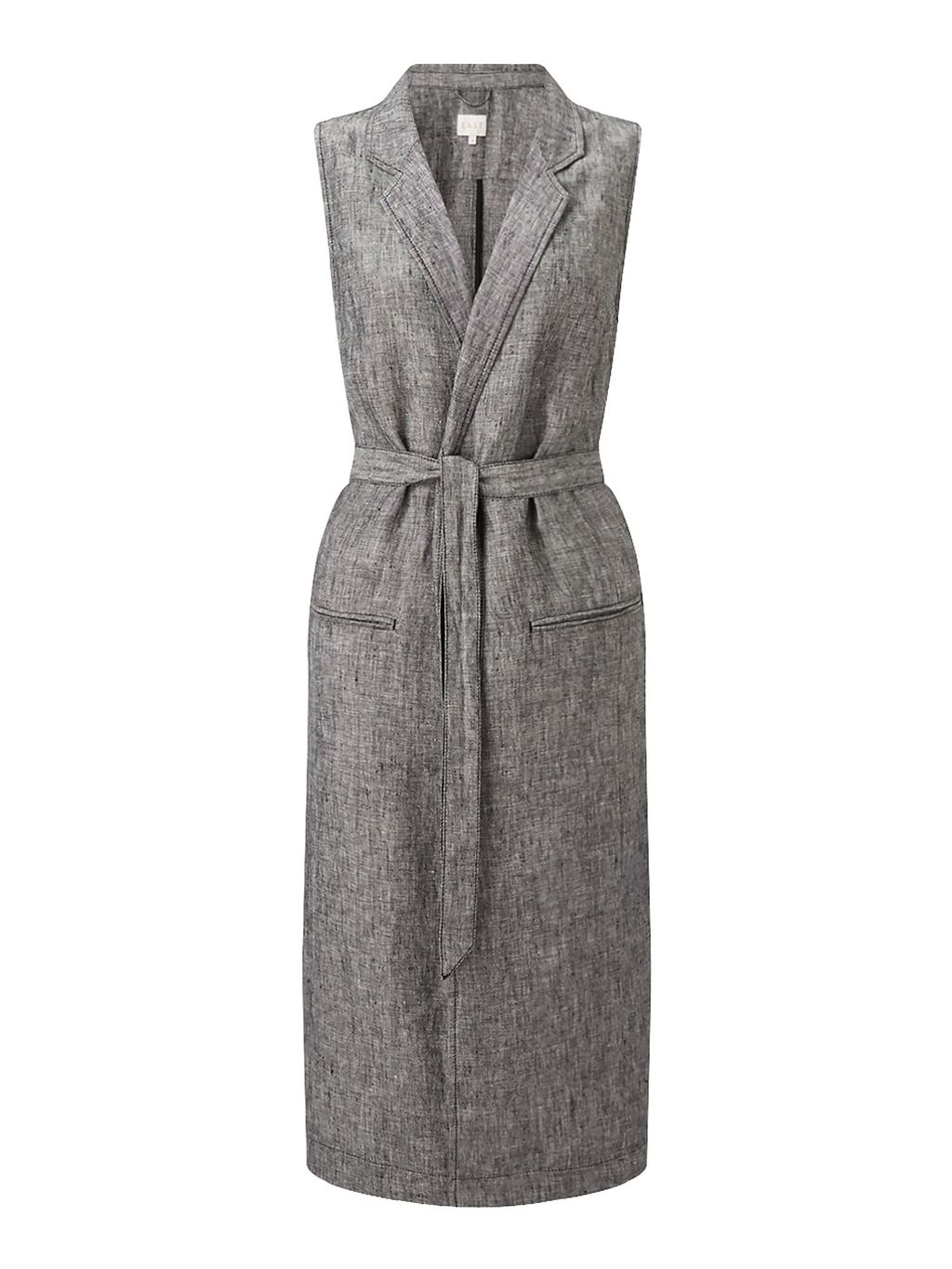 Longline Linen Waistcoat, Black - sleeve style: sleeveless; collar: standard lapel/rever collar; length: below the knee; predominant colour: mid grey; occasions: casual, creative work; fit: tailored/fitted; fibres: linen - 100%; style: waistcoat; waist detail: belted waist/tie at waist/drawstring; sleeve length: sleeveless; collar break: medium; pattern type: fabric; pattern size: standard; texture group: other - light to midweight; pattern: marl; season: s/s 2016; wardrobe: highlight