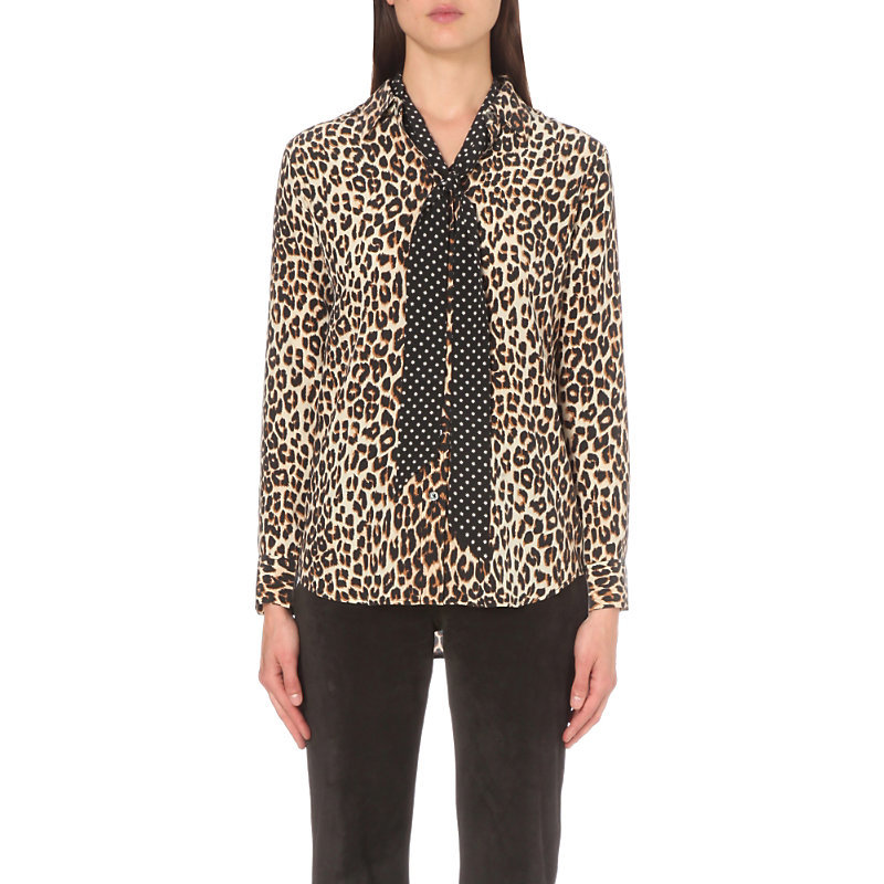 Slim Signature Leopard Print Silk Shirt, Women's, Size: Xs, Natural - neckline: pussy bow; style: blouse; predominant colour: ivory/cream; secondary colour: camel; occasions: evening; length: standard; fibres: silk - 100%; fit: body skimming; sleeve length: long sleeve; sleeve style: standard; texture group: silky - light; bust detail: bulky details at bust; pattern type: fabric; pattern: animal print; multicoloured: multicoloured; season: s/s 2016; wardrobe: event