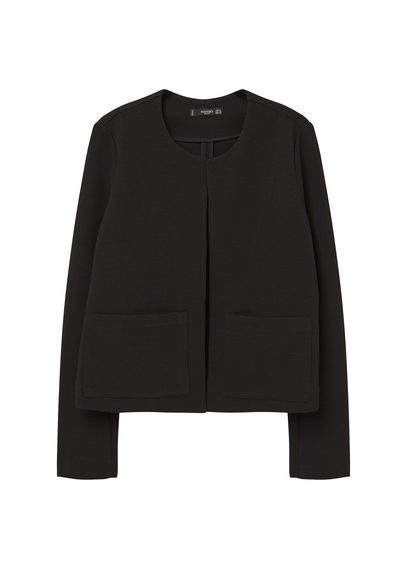 Pocket Textured Jacket - pattern: plain; collar: round collar/collarless; style: boxy; predominant colour: black; occasions: work, occasion; length: standard; fit: straight cut (boxy); fibres: polyester/polyamide - 100%; sleeve length: long sleeve; sleeve style: standard; texture group: crepes; collar break: high; pattern type: fabric; season: s/s 2016; wardrobe: investment