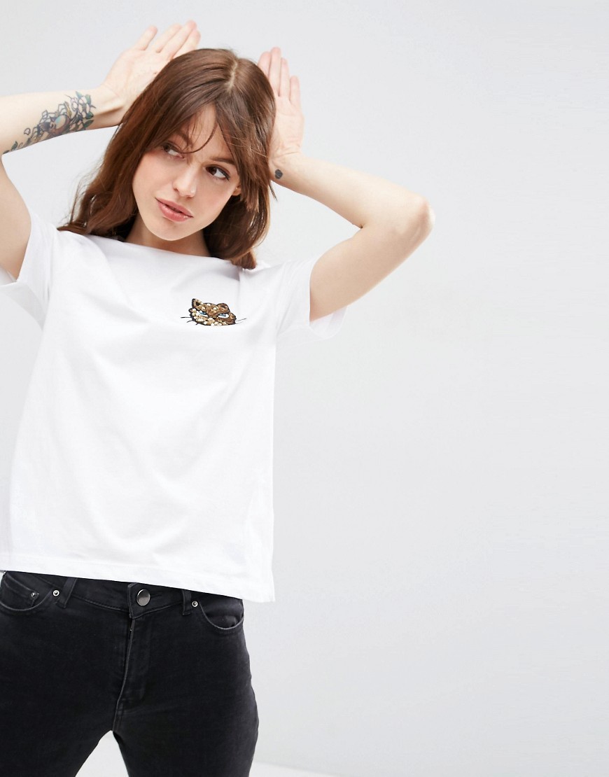 T Shirt With Sequin Cat Badge White - pattern: plain; style: t-shirt; predominant colour: white; occasions: casual, creative work; length: standard; fibres: cotton - 100%; fit: body skimming; neckline: crew; sleeve length: short sleeve; sleeve style: standard; pattern type: fabric; texture group: jersey - stretchy/drapey; embellishment: sequins; season: s/s 2016; wardrobe: highlight