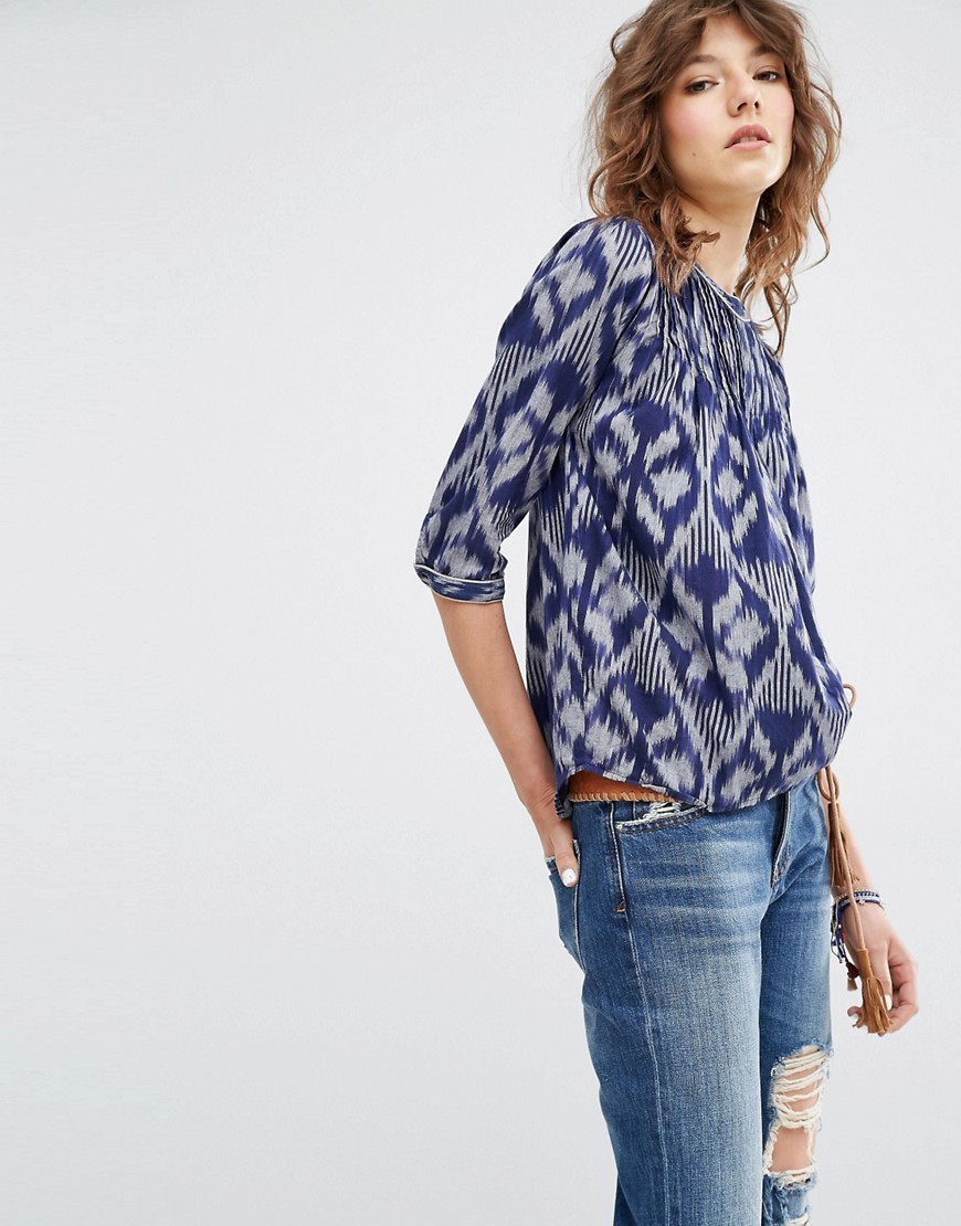 Printed Pleated Blouse 17 Blue - style: blouse; secondary colour: royal blue; predominant colour: mid grey; occasions: casual; length: standard; fibres: cotton - 100%; fit: empire; neckline: crew; sleeve length: half sleeve; sleeve style: standard; texture group: cotton feel fabrics; pattern type: fabric; pattern: patterned/print; multicoloured: multicoloured; season: s/s 2016; wardrobe: highlight