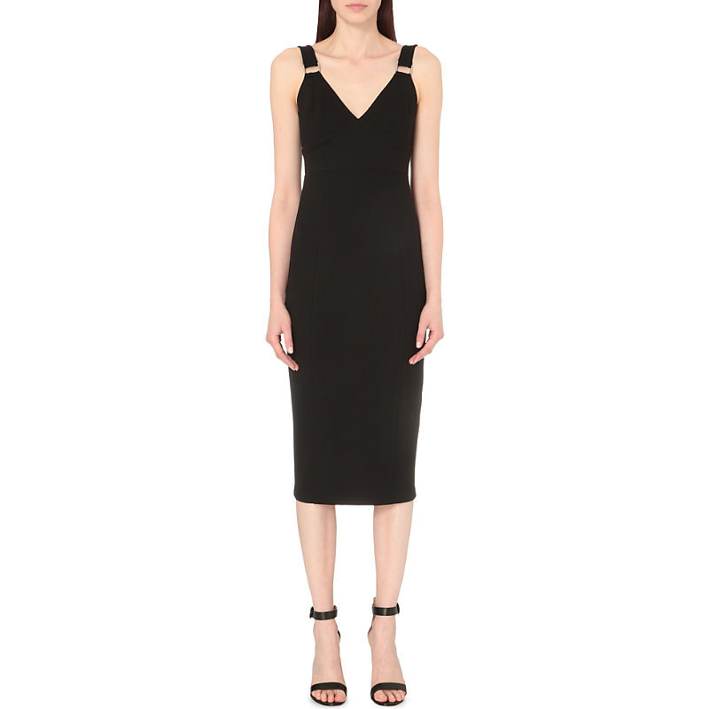 Metal Detail Jersey Dress, Women's, Black - style: shift; length: below the knee; neckline: v-neck; fit: tailored/fitted; pattern: plain; sleeve style: sleeveless; predominant colour: black; occasions: evening; fibres: polyester/polyamide - 100%; sleeve length: sleeveless; pattern type: fabric; texture group: jersey - stretchy/drapey; season: s/s 2016; wardrobe: event