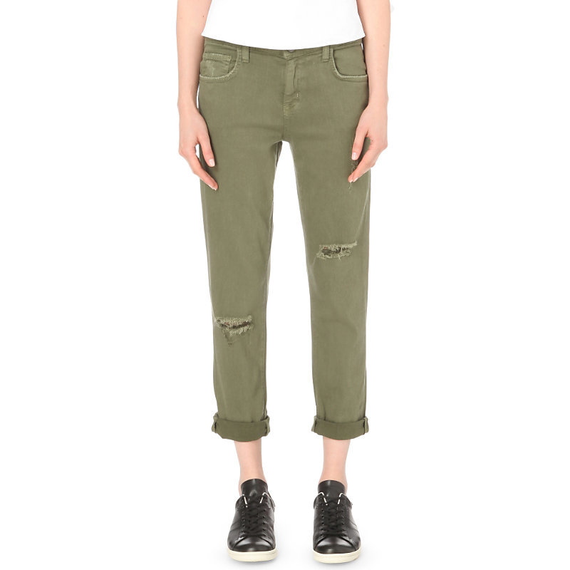 The Fling Straight Mid Rise Turn Up Jeans, Women's, Army Green Destroy - style: straight leg; pattern: plain; waist: low rise; predominant colour: khaki; occasions: casual, creative work; length: ankle length; fibres: cotton - stretch; jeans & bottoms detail: turn ups; texture group: denim; pattern type: fabric; season: s/s 2016; wardrobe: highlight