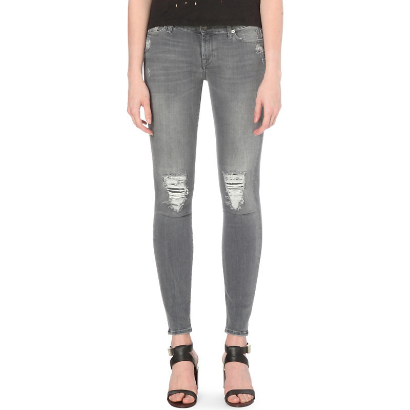 Illusion Distressed Super Skinny Mid Rise Jeans, Women's, Ivory Grey Distressed - style: skinny leg; length: standard; pattern: plain; waist: mid/regular rise; predominant colour: mid grey; occasions: casual; fibres: cotton - stretch; texture group: denim; pattern type: fabric; season: s/s 2016; wardrobe: highlight