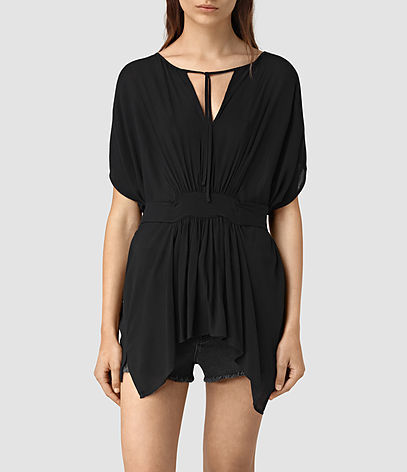 Nevis Top - neckline: v-neck; sleeve style: dolman/batwing; pattern: plain; waist detail: fitted waist; length: below the bottom; predominant colour: black; occasions: casual, holiday; style: top; fibres: viscose/rayon - 100%; fit: body skimming; sleeve length: half sleeve; pattern type: fabric; texture group: jersey - stretchy/drapey; season: s/s 2016; wardrobe: basic