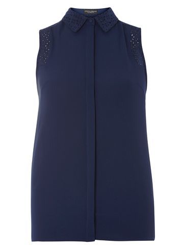 Womens Broderie Sleeveless Shirt Navy - neckline: shirt collar/peter pan/zip with opening; pattern: plain; sleeve style: sleeveless; length: below the bottom; style: shirt; predominant colour: navy; occasions: casual, creative work; fibres: polyester/polyamide - 100%; fit: body skimming; sleeve length: sleeveless; pattern type: fabric; texture group: other - light to midweight; season: s/s 2016; wardrobe: basic