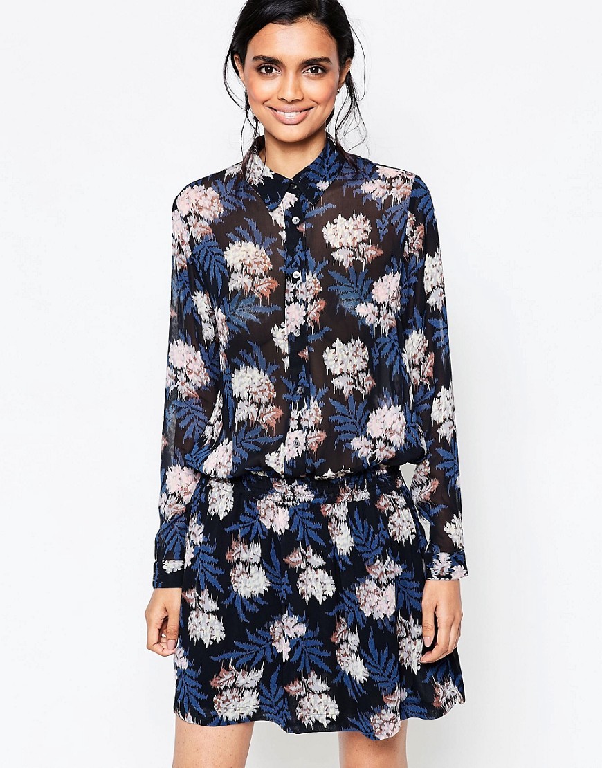 Park Row Georgette Floral Shirt Dress With Elastic Waist Autumn Flower - style: shirt; neckline: shirt collar/peter pan/zip with opening; waist detail: belted waist/tie at waist/drawstring; predominant colour: navy; secondary colour: black; occasions: casual; length: just above the knee; fit: body skimming; fibres: viscose/rayon - 100%; sleeve length: long sleeve; sleeve style: standard; pattern type: fabric; pattern size: big & busy; pattern: florals; texture group: other - light to midweight; multicoloured: multicoloured; season: s/s 2016; trends: vivid mix; wardrobe: highlight