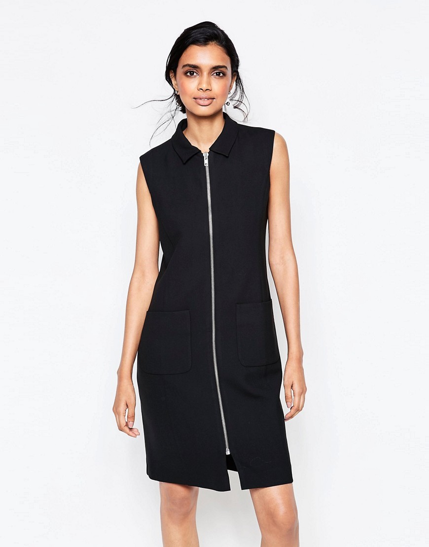 Moscow Tailor Zip Through Dress In Black Black - style: shift; pattern: plain; sleeve style: sleeveless; neckline: high neck; predominant colour: black; occasions: evening; length: just above the knee; fit: body skimming; fibres: polyester/polyamide - mix; sleeve length: sleeveless; pattern type: fabric; texture group: jersey - stretchy/drapey; season: s/s 2016; wardrobe: event