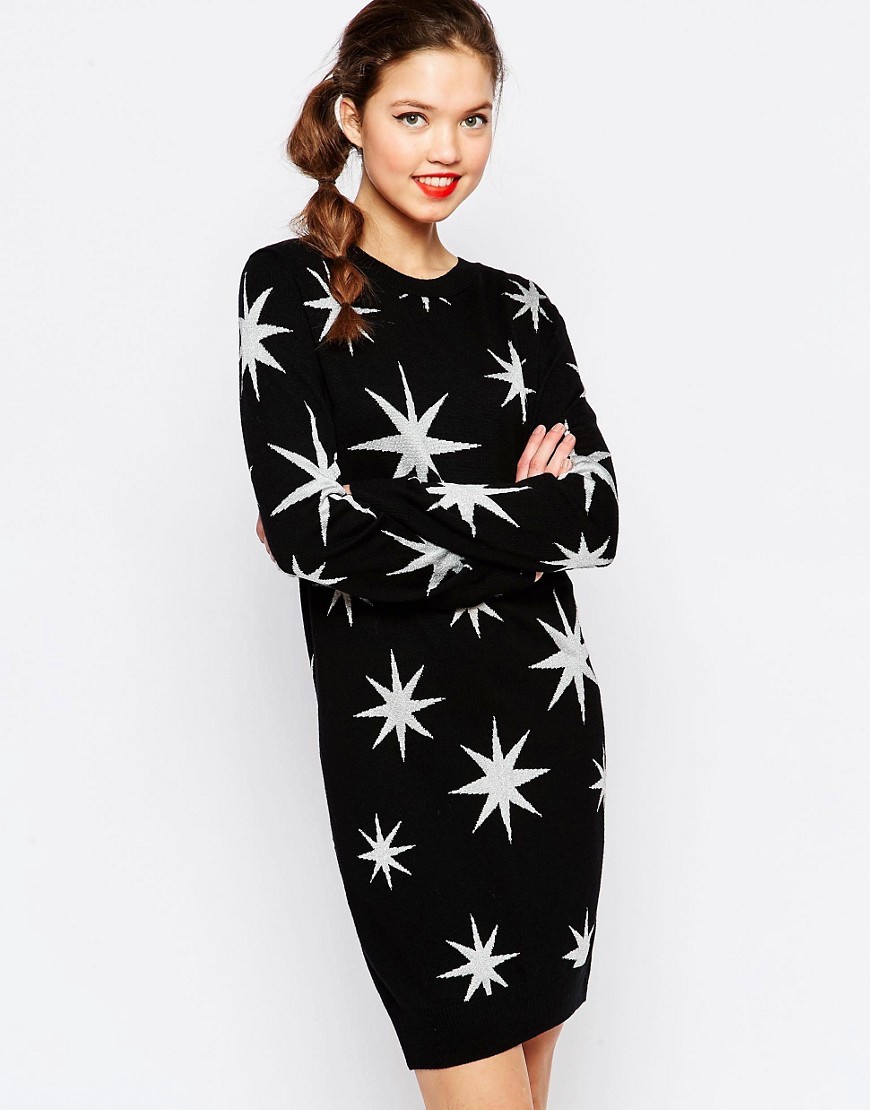 Starburst Jumper Dress Black - style: jumper dress; length: mid thigh; secondary colour: white; predominant colour: black; occasions: casual; fit: body skimming; fibres: wool - mix; neckline: crew; sleeve length: long sleeve; sleeve style: standard; trends: monochrome; texture group: knits/crochet; pattern type: fabric; pattern size: standard; pattern: patterned/print; season: s/s 2016; wardrobe: highlight