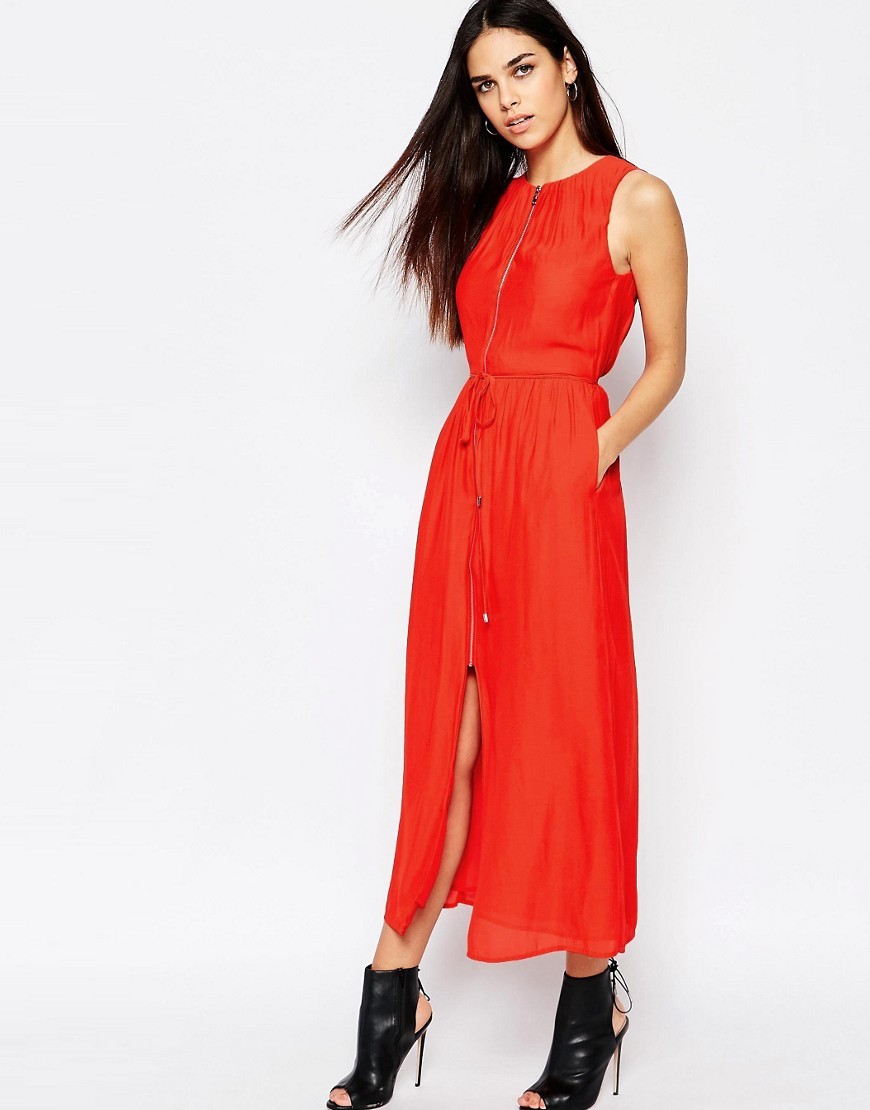Zip Through Midi Dress Red - style: shift; length: calf length; pattern: plain; sleeve style: sleeveless; predominant colour: bright orange; occasions: evening; fit: body skimming; fibres: polyester/polyamide - 100%; neckline: crew; sleeve length: sleeveless; pattern type: fabric; texture group: other - light to midweight; season: s/s 2016; wardrobe: event