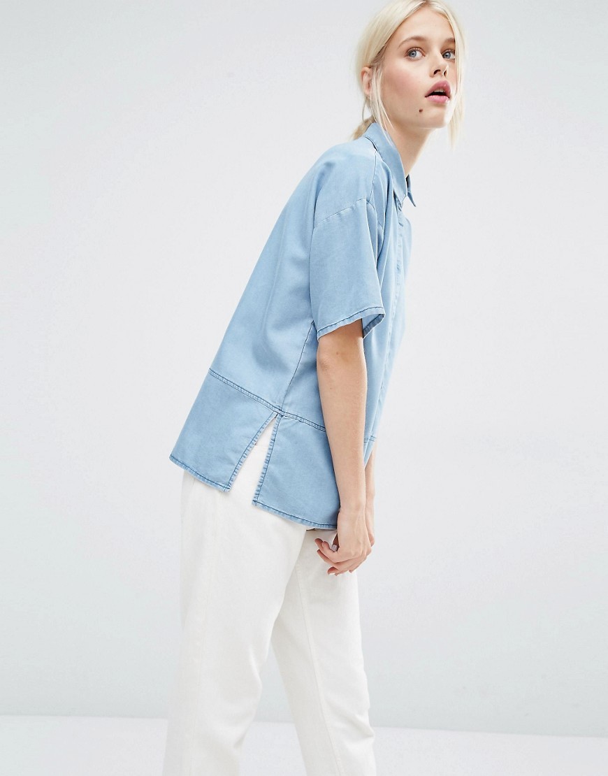 Niniane Denim Shirt Medium Blue - neckline: shirt collar/peter pan/zip with opening; pattern: plain; style: shirt; predominant colour: pale blue; occasions: casual; length: standard; fit: loose; sleeve length: half sleeve; sleeve style: standard; texture group: denim; pattern type: fabric; fibres: viscose/rayon - mix; season: s/s 2016; wardrobe: basic